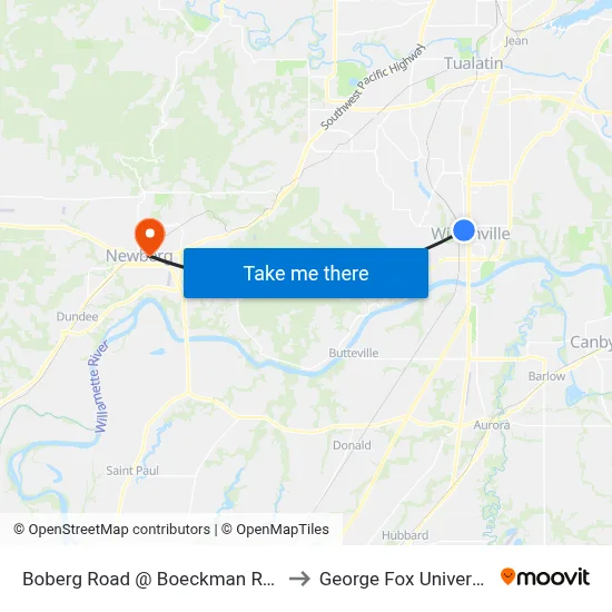 Boberg Road @ Boeckman Road to George Fox University map