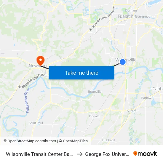 Wilsonville Transit Center Bay 10 to George Fox University map
