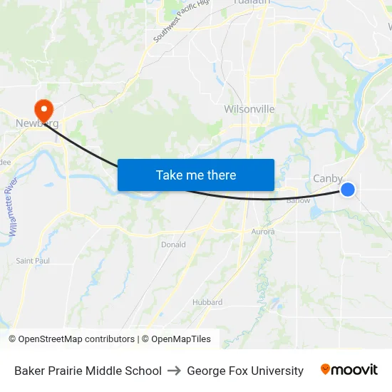 Baker Prairie Middle School to George Fox University map