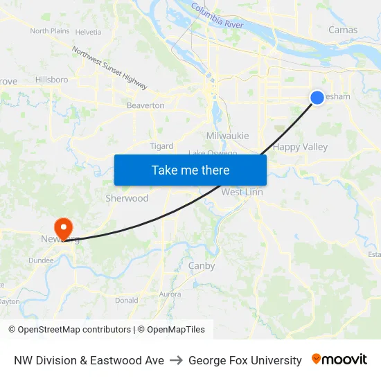 NW Division & Eastwood Ave to George Fox University map