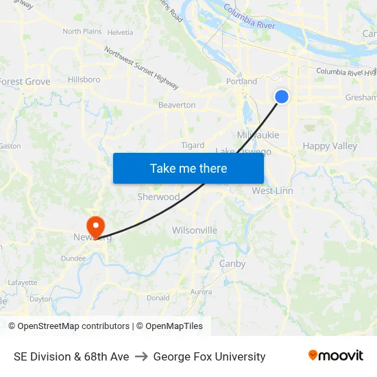 SE Division & 68th Ave to George Fox University map