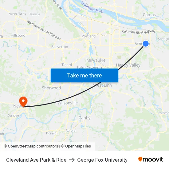 Cleveland Ave Park & Ride to George Fox University map