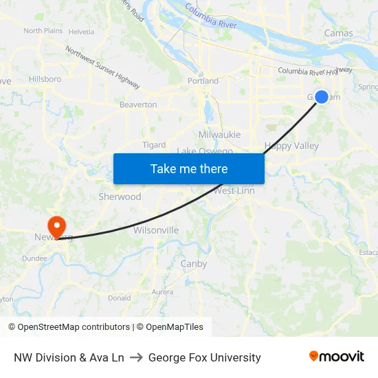 NW Division & Ava Ln to George Fox University map