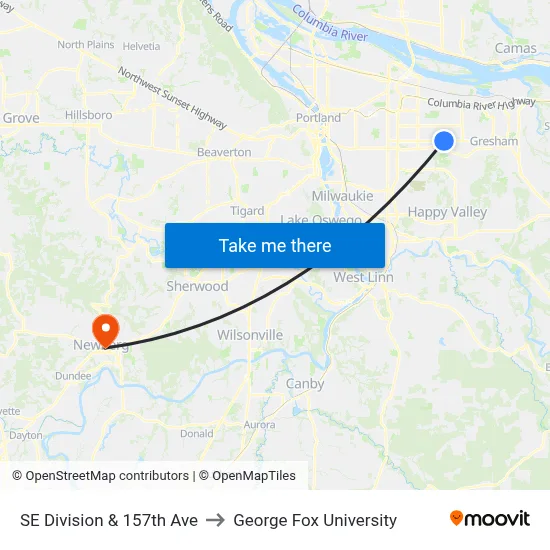 SE Division & 157th Ave to George Fox University map