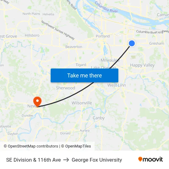 SE Division & 116th Ave to George Fox University map