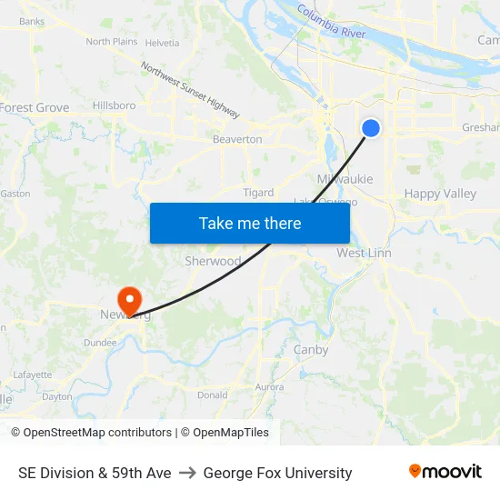 SE Division & 59th Ave to George Fox University map