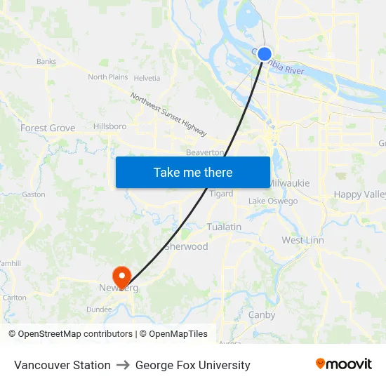 Vancouver Station to George Fox University map
