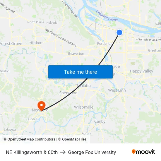 NE Killingsworth & 60th to George Fox University map