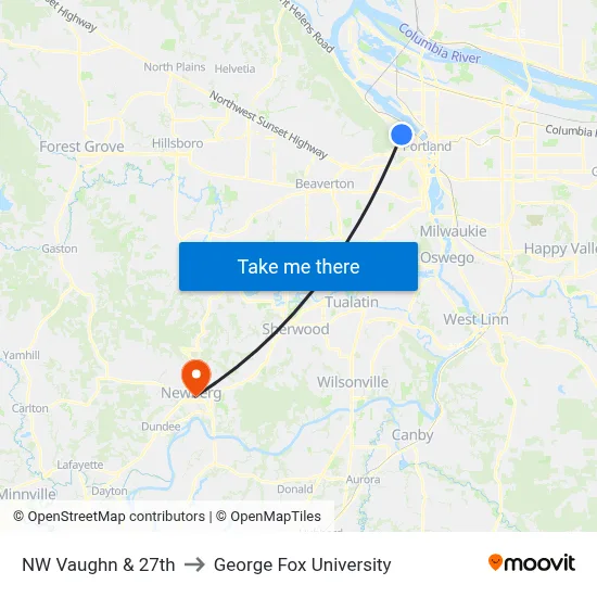 NW Vaughn & 27th to George Fox University map