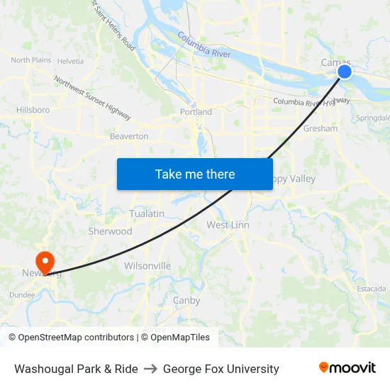 Washougal Park & Ride to George Fox University map