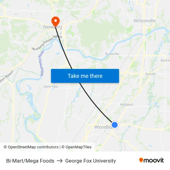 Bi-Mart/Mega Foods to George Fox University map