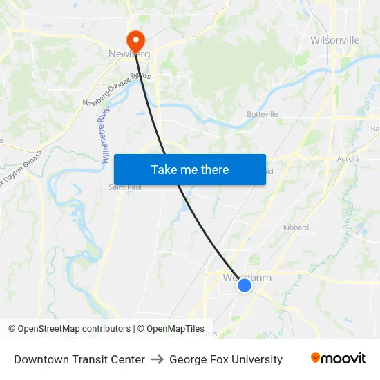 Downtown Transit Center to George Fox University map