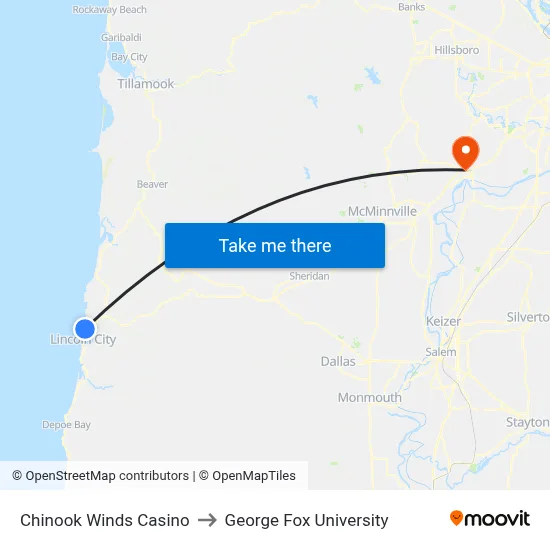 Chinook Winds Casino to George Fox University map