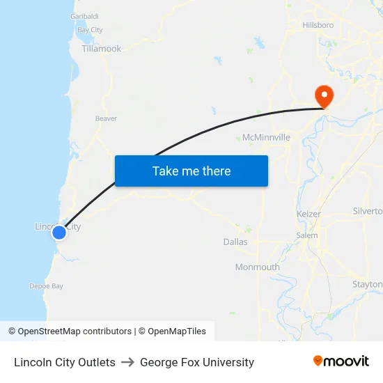 Lincoln City Outlets to George Fox University map