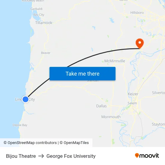 Bijou Theatre to George Fox University map