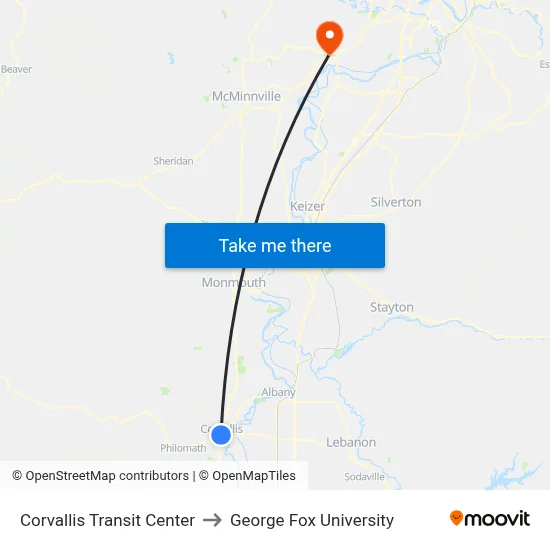 Corvallis Transit Center to George Fox University map