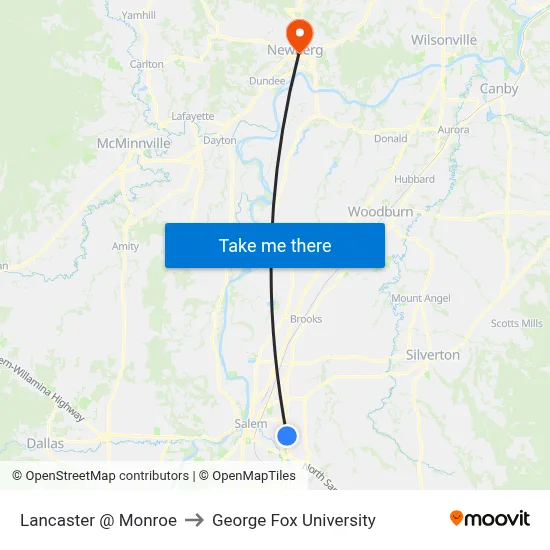 Lancaster @ Monroe to George Fox University map