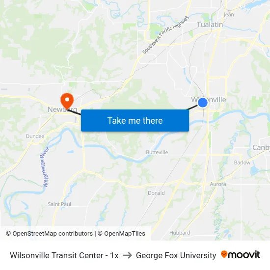 Wilsonville Transit Center - 1x to George Fox University map