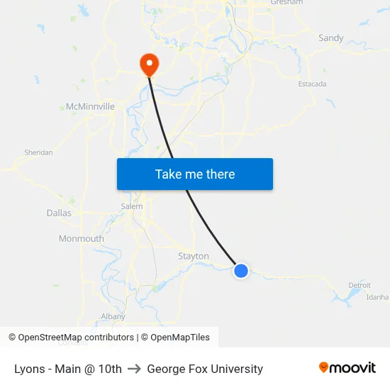 Lyons - Main @ 10th to George Fox University map