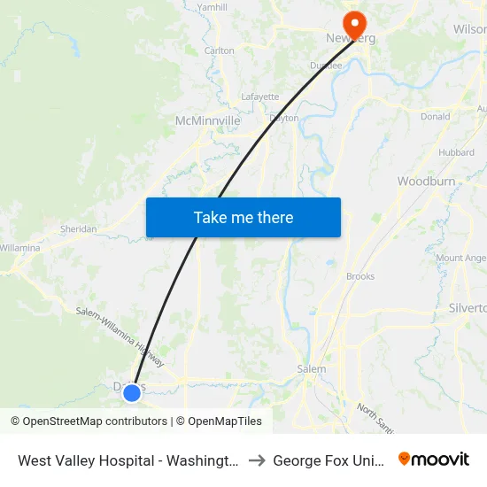 West Valley Hospital - Washington @ Lyle to George Fox University map