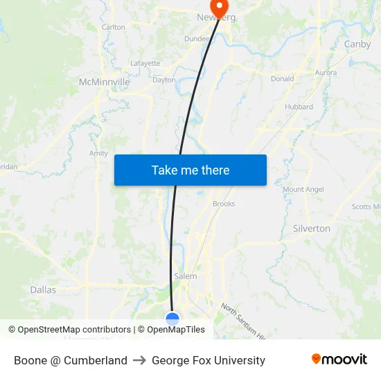 Boone @ Cumberland to George Fox University map