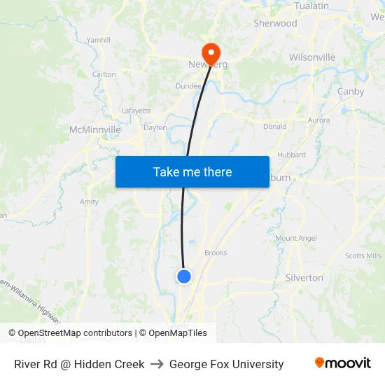 River Rd @ Hidden Creek to George Fox University map
