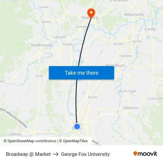 Broadway @ Market to George Fox University map