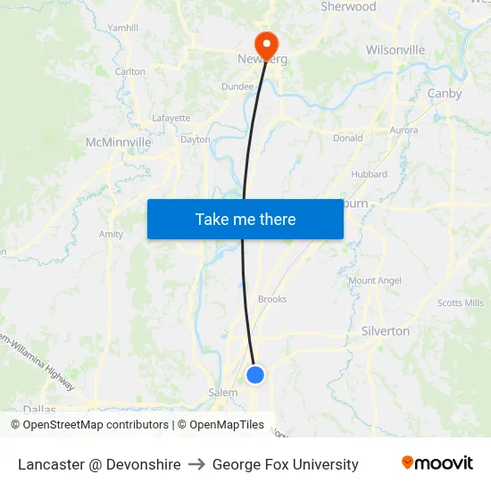 Lancaster @ Devonshire to George Fox University map
