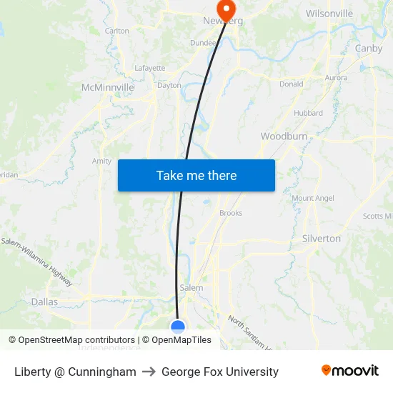 Liberty @ Cunningham to George Fox University map