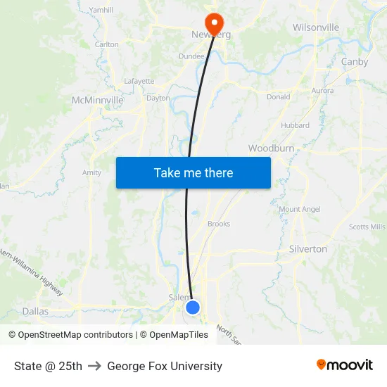 State @ 25th to George Fox University map