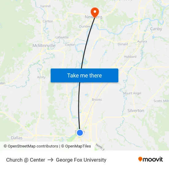 Church @ Center to George Fox University map