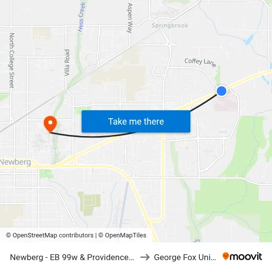 Newberg - EB 99w & Providence/Crestview to George Fox University map