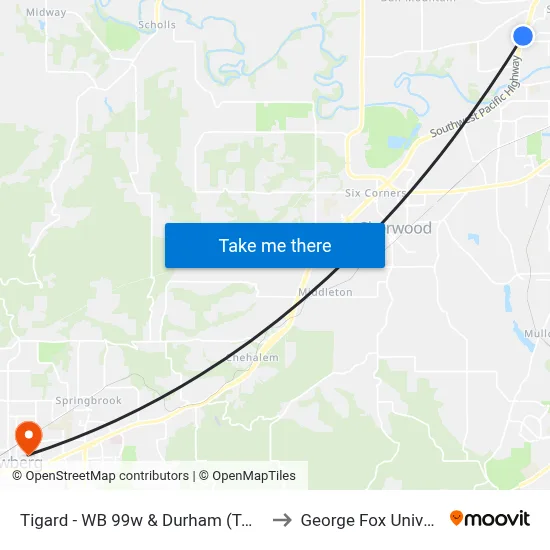 Tigard - WB 99w & Durham (Tm 8644) to George Fox University map