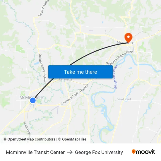 Mcminnville Transit Center to George Fox University map