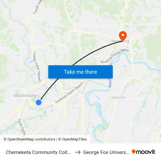 Chemeketa Community College to George Fox University map