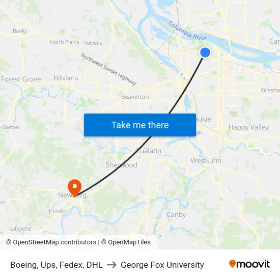 Boeing, Ups, Fedex, DHL to George Fox University map