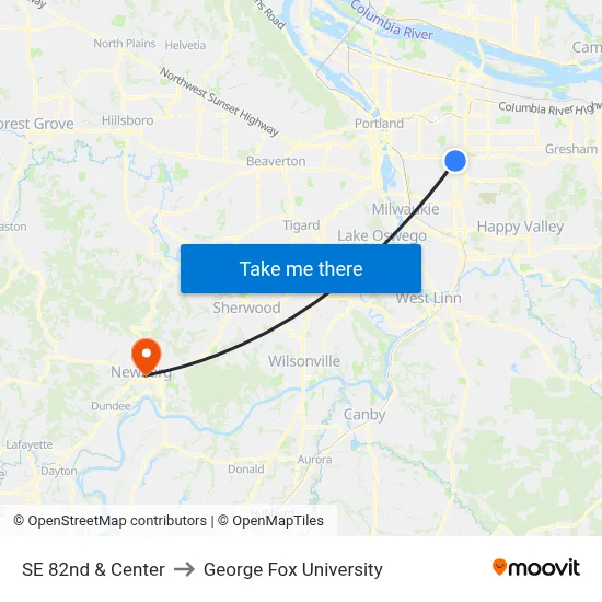 SE 82nd & Center to George Fox University map