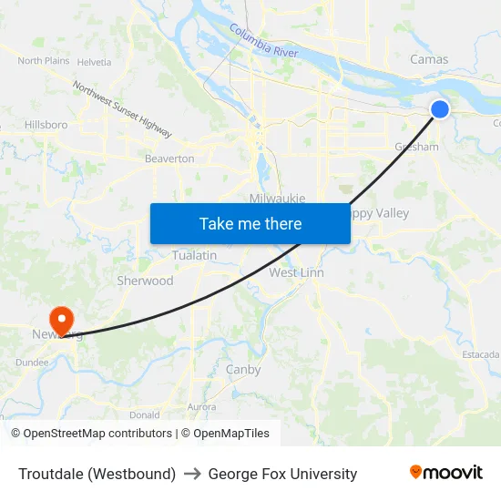 Troutdale (Westbound) to George Fox University map