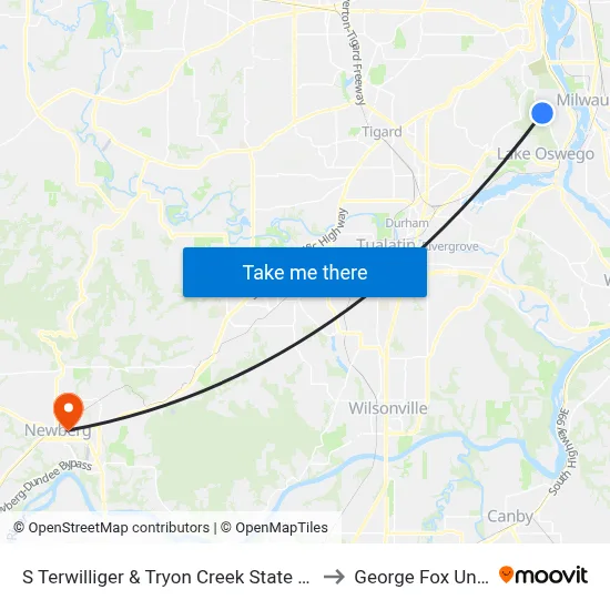 S Terwilliger & Tryon Creek State Park Entrance to George Fox University map