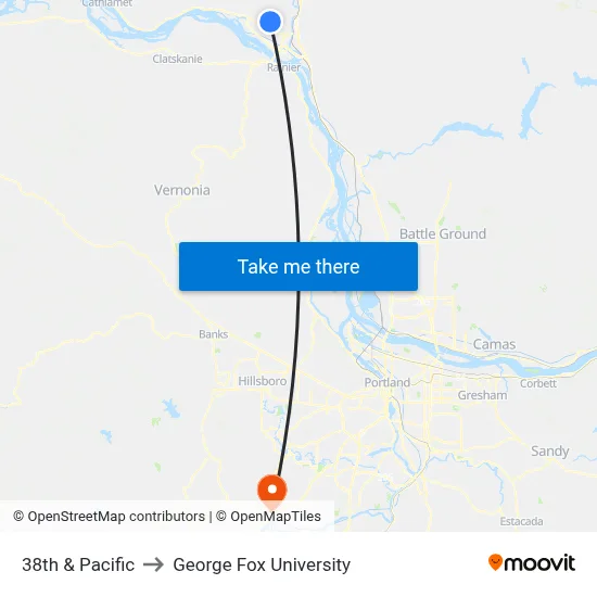 38th & Pacific to George Fox University map
