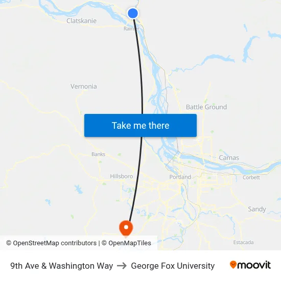 9th Ave & Washington Way to George Fox University map