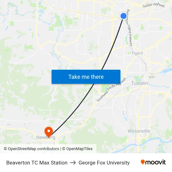 Beaverton TC Max Station to George Fox University map