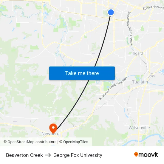 Beaverton Creek to George Fox University map
