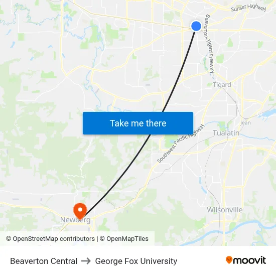 Beaverton Central to George Fox University map