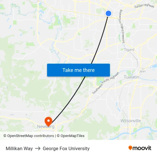 Millikan Way to George Fox University map