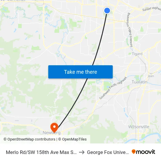 Merlo Rd/SW 158th Ave Max Station to George Fox University map