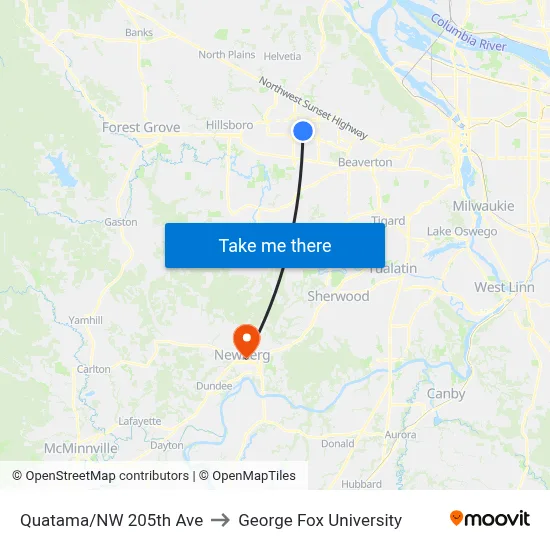 Quatama/NW 205th Ave to George Fox University map