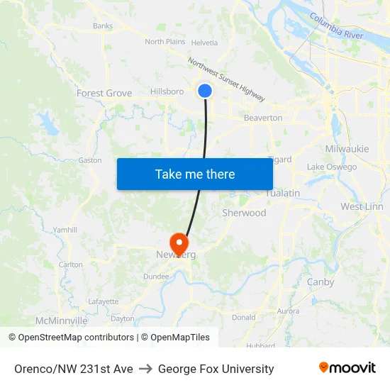 Orenco/NW 231st Ave to George Fox University map
