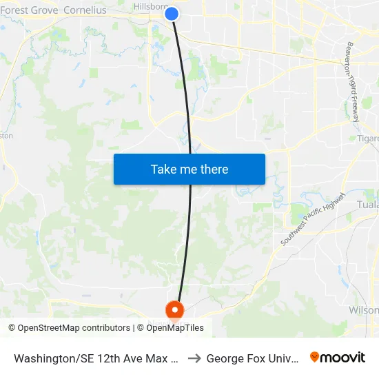 Washington/SE 12th Ave Max Station to George Fox University map