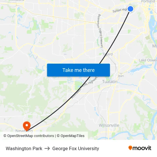 Washington Park to George Fox University map